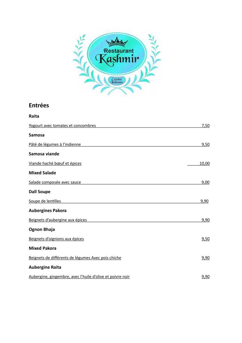 Menu di Kashmir Restaurant Vevey 
