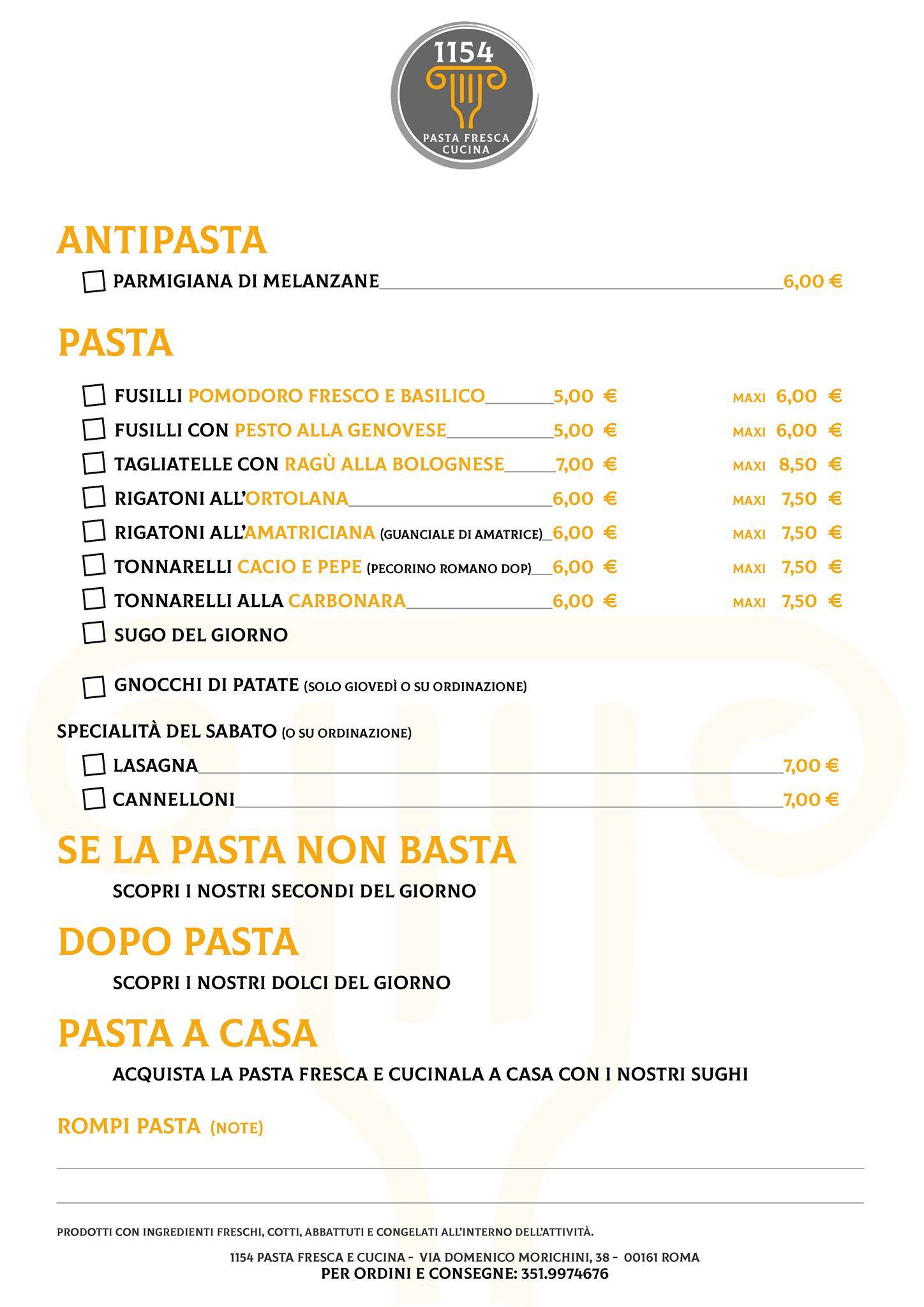 Menu di 1154 Pasta Fresca Cucina 