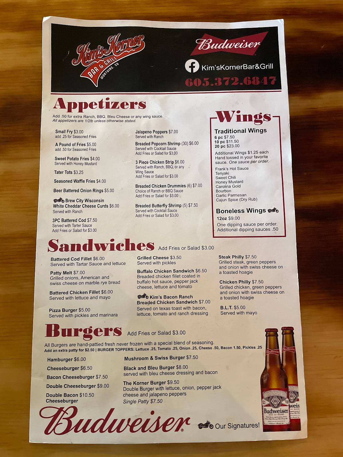 Menu at Kim's Korner Bar & Grill, Worthing