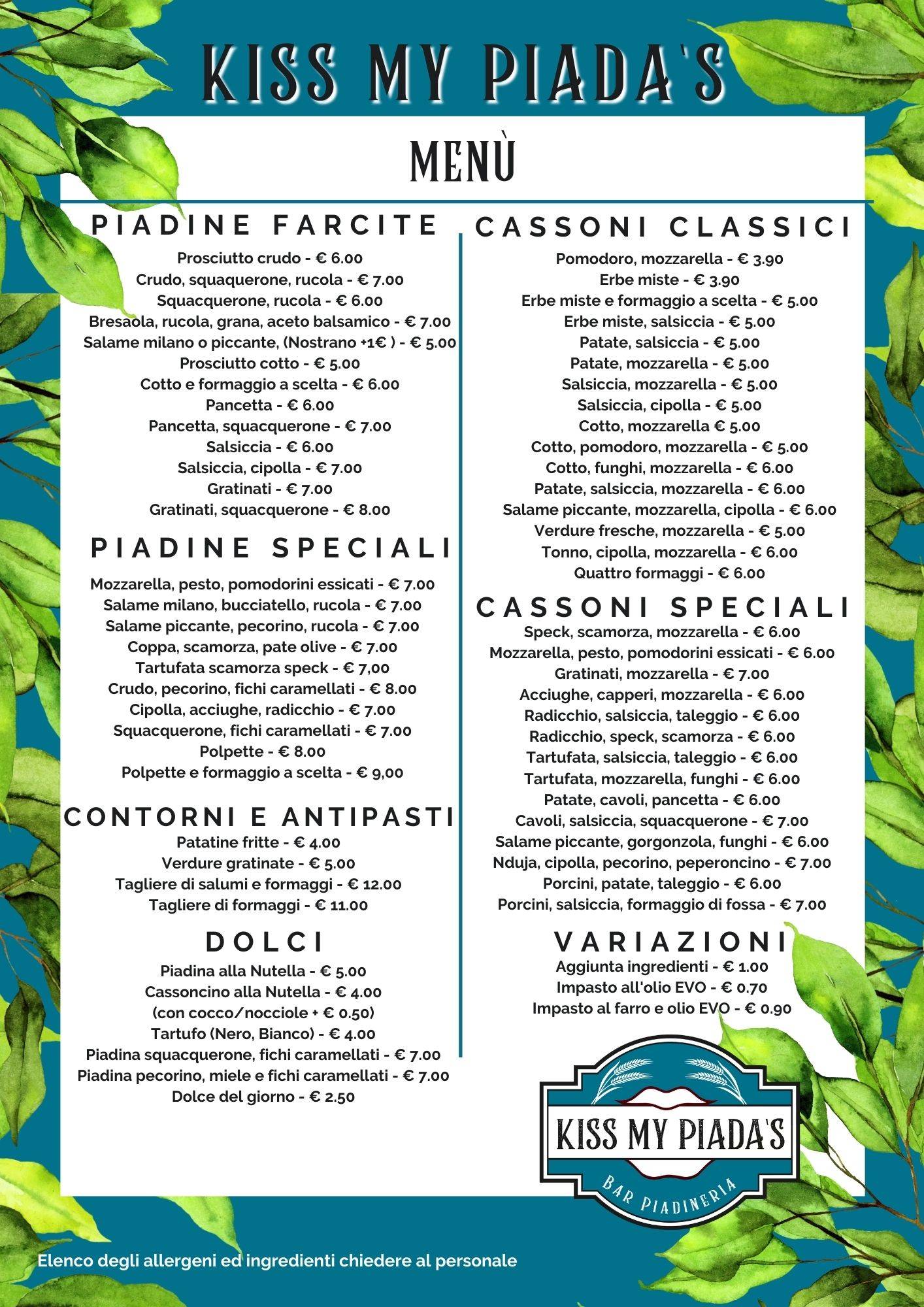 Menu di Kiss my piadas 