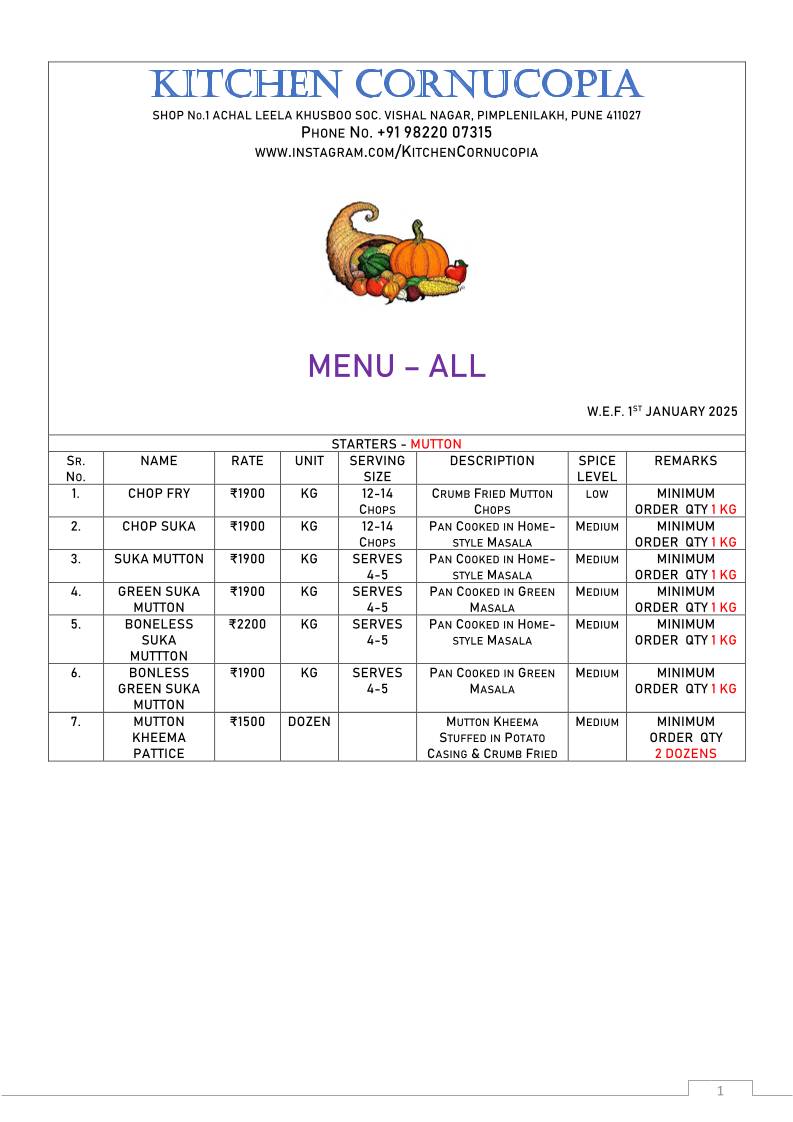 Kitchen Cornucopia menu