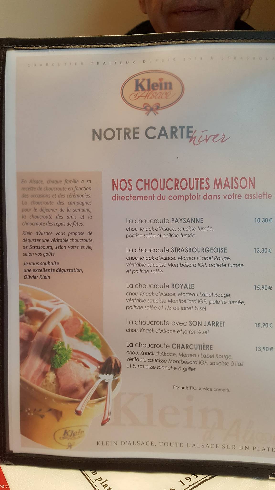 Menu de Klein d’Alsace Bordeaux Mérignac