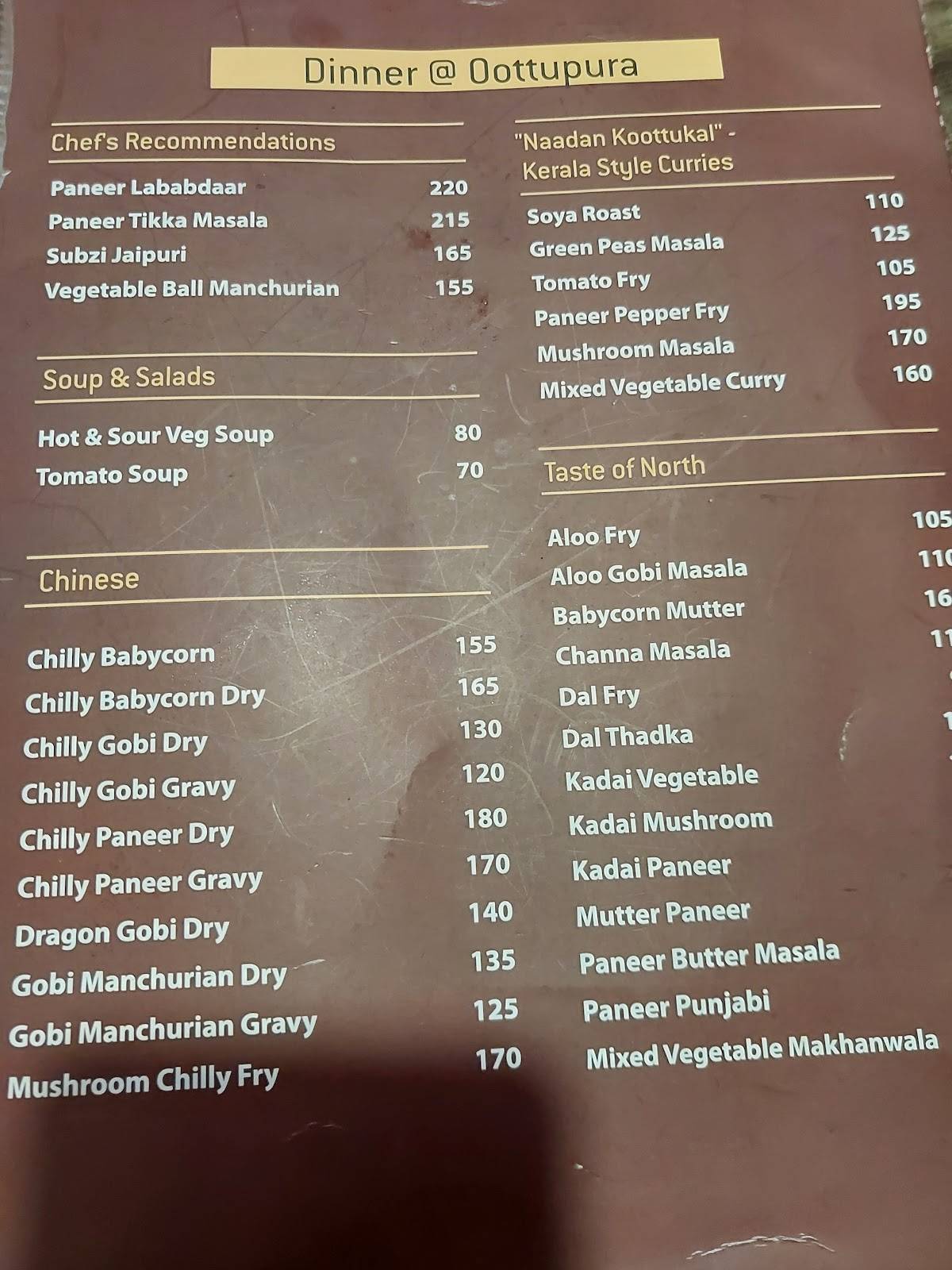 Gokul Oottupura Vegetarian menu