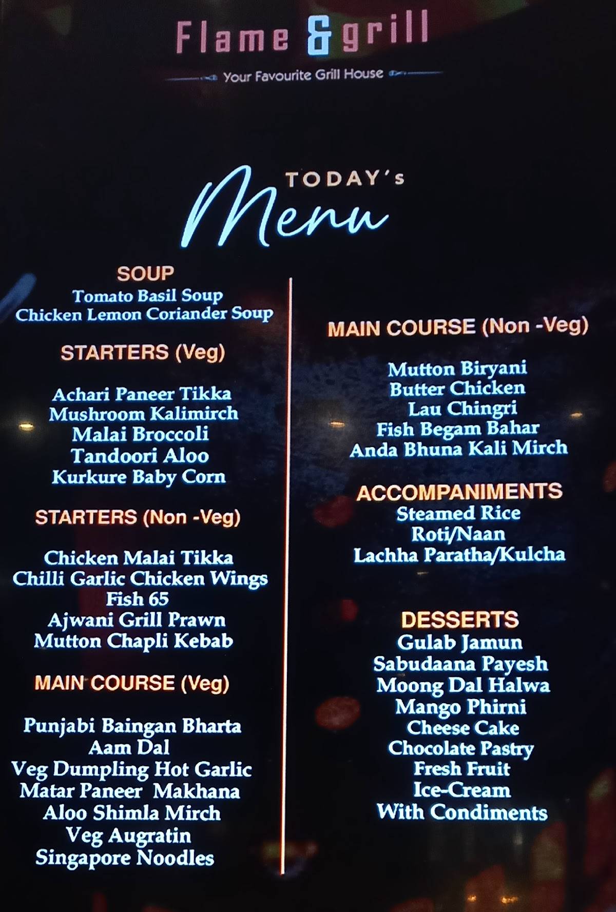 Flame And Grill South City menu