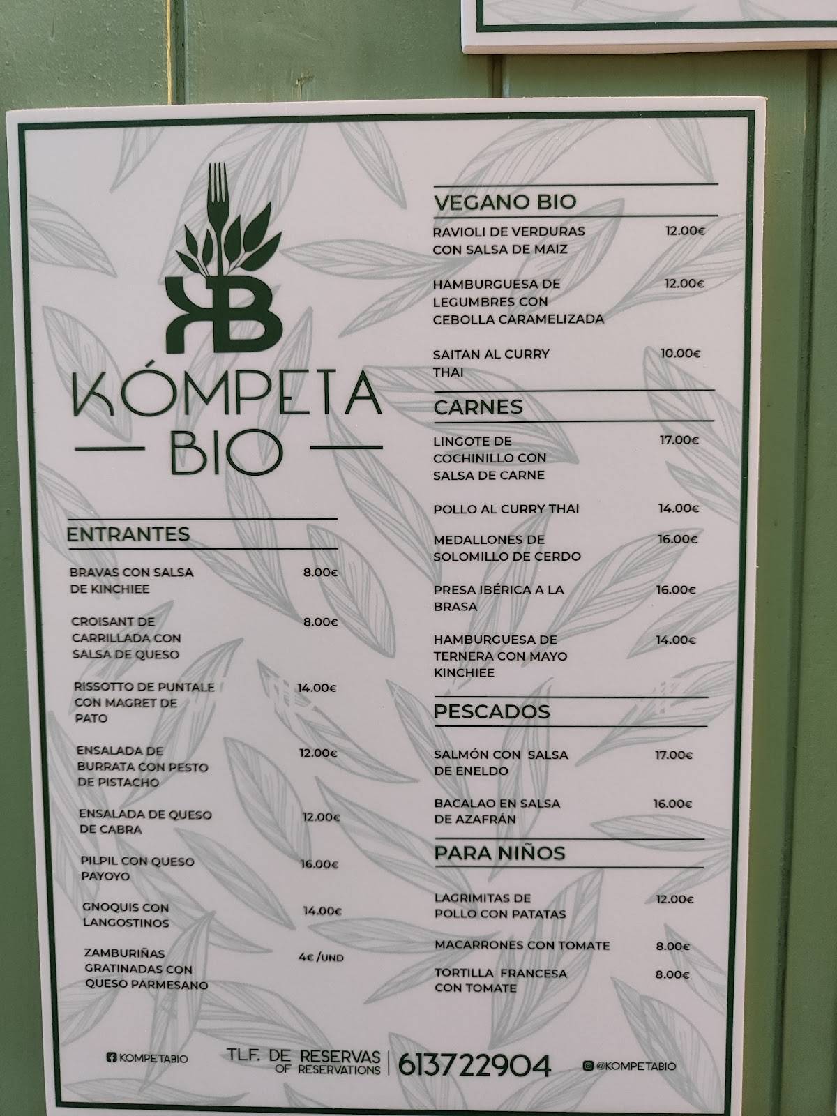 Menu at Kompeta Bio restaurant, Cómpeta
