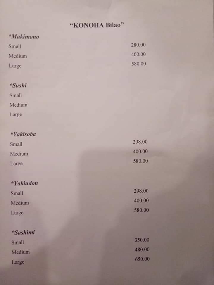 Carta del restaurante Konoha Japanese Foods, Manila