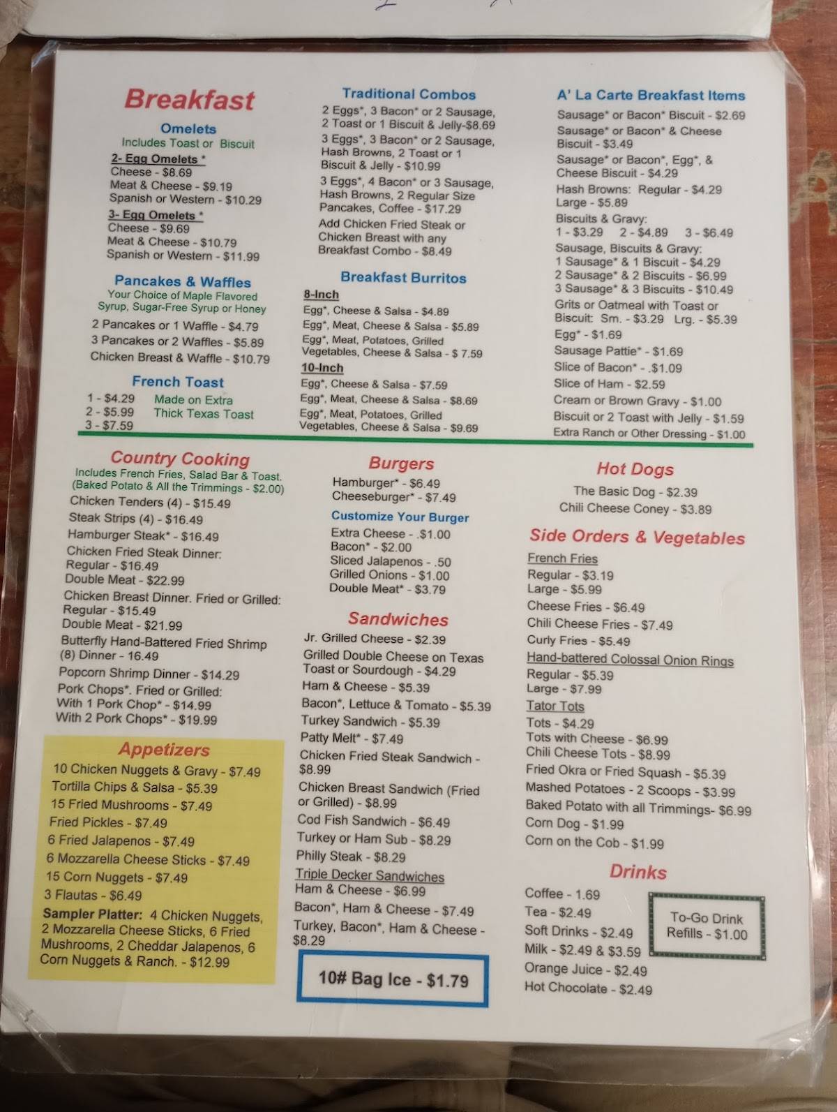 Menu at Kosse Cafe, Kosse, 310 Washington St