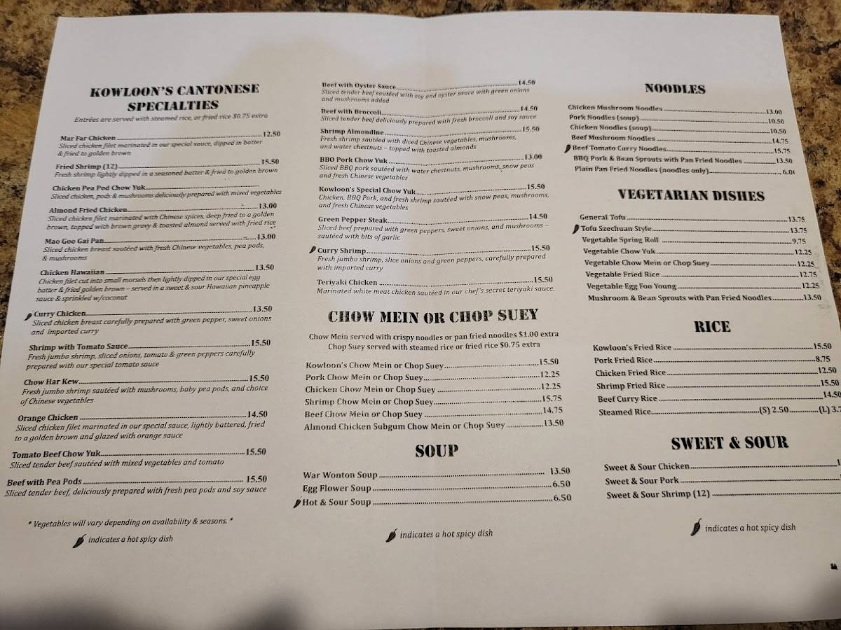 Menu at Kowloon Restaurant, Roseburg