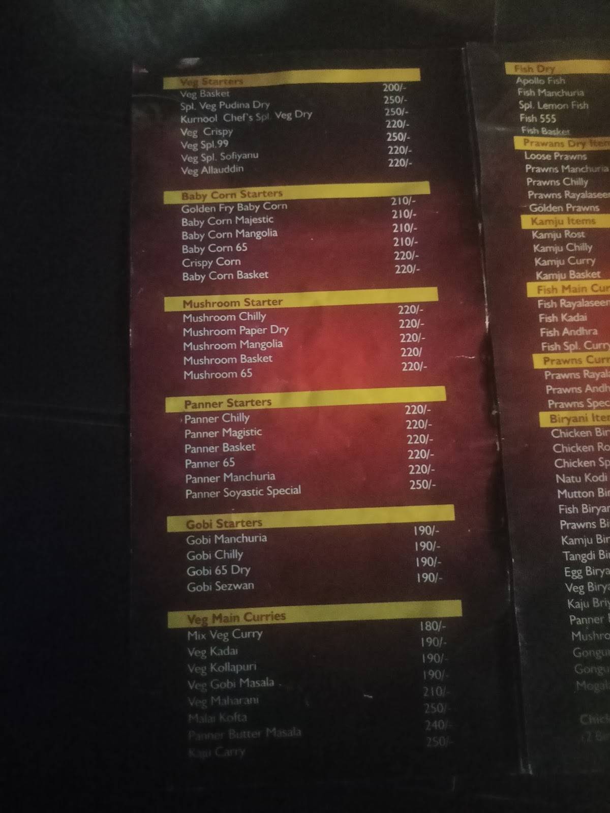 Kurnool Chefs menu