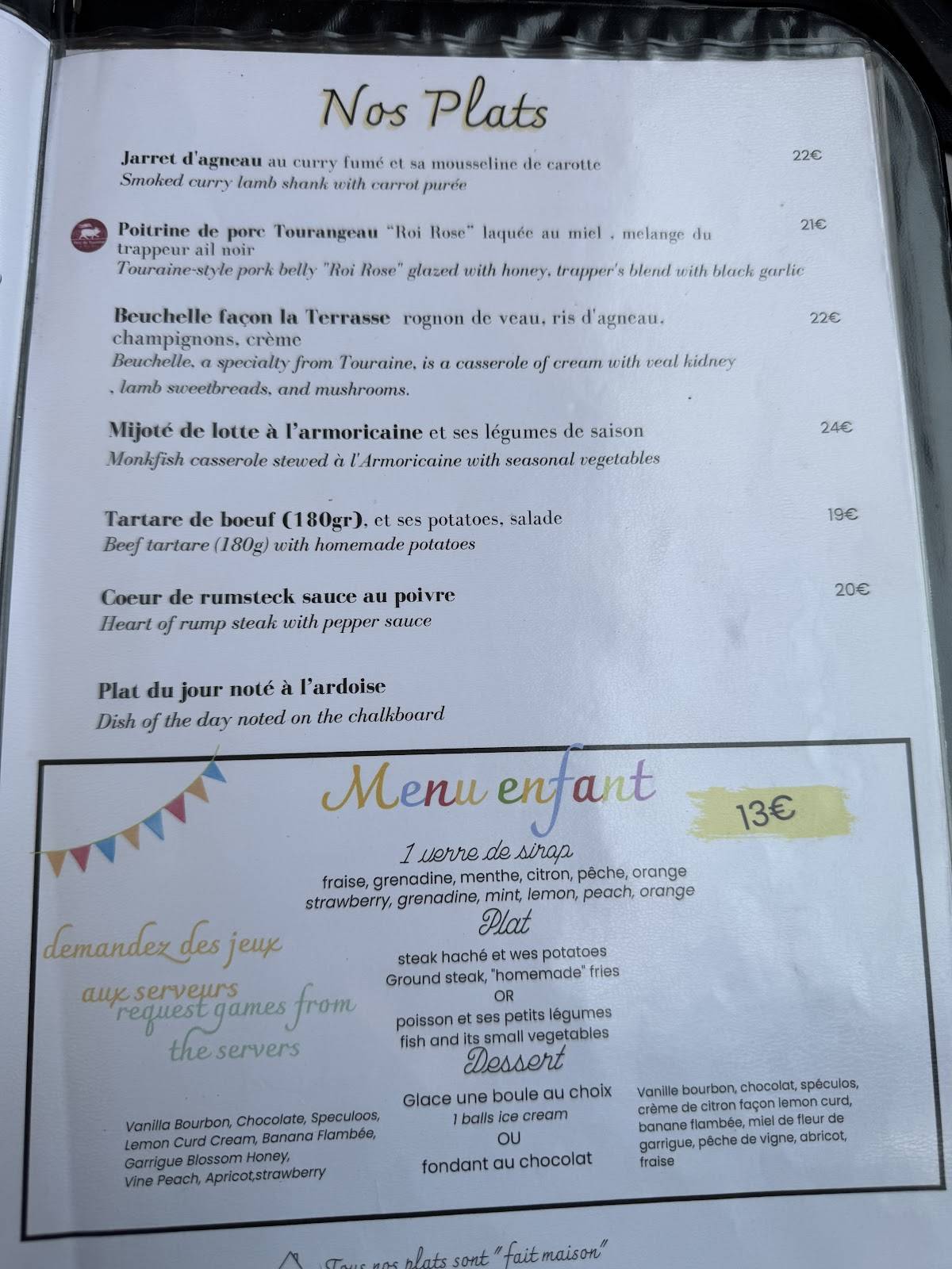 Menu de LA TERRASSE