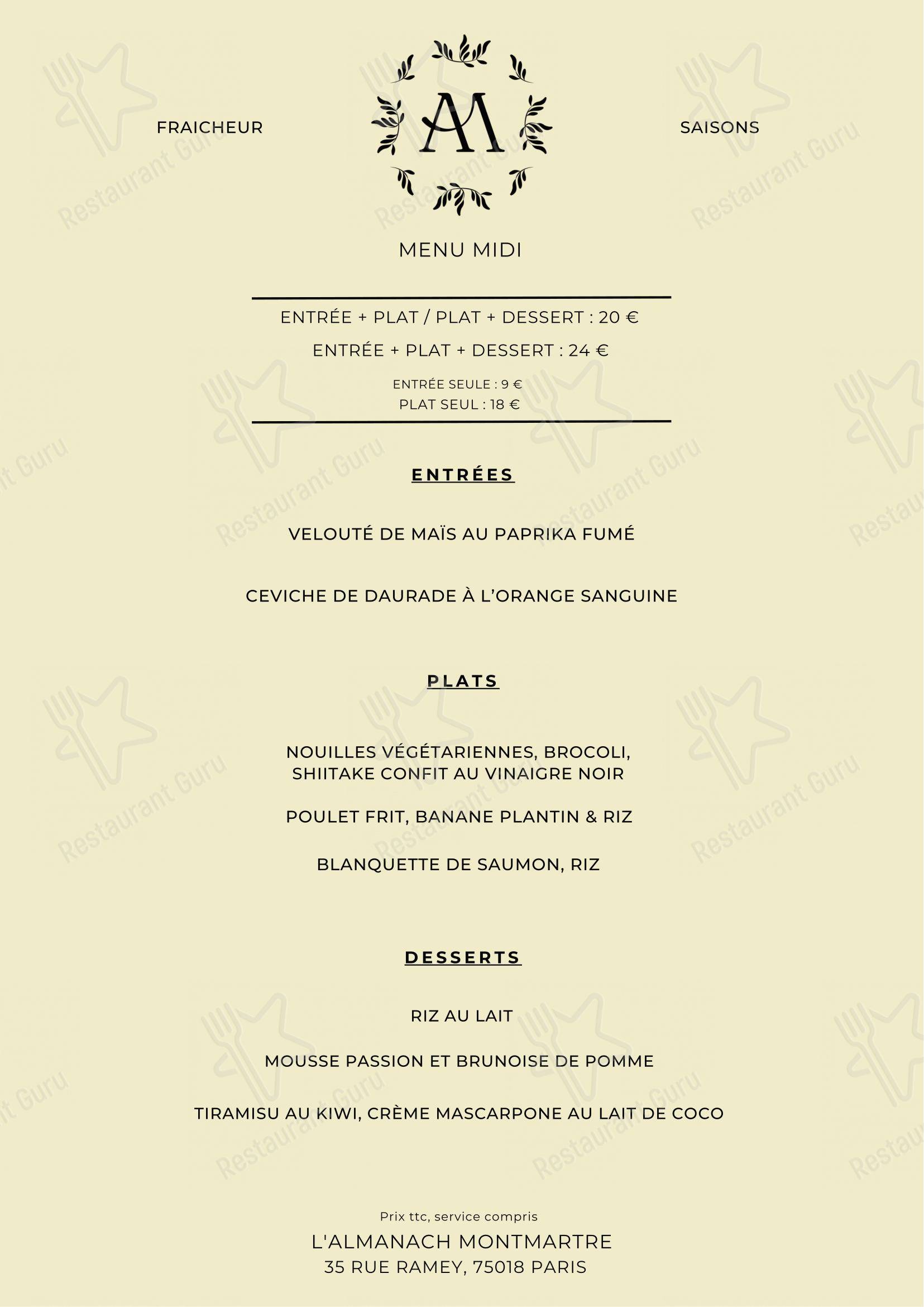 L'Almanach Montmartre dans Paris - Menu