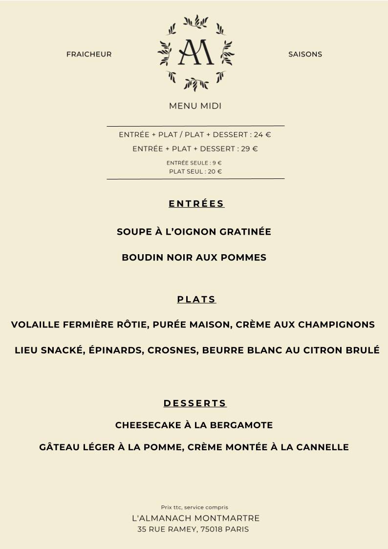 Menu de L'Almanach Montmartre