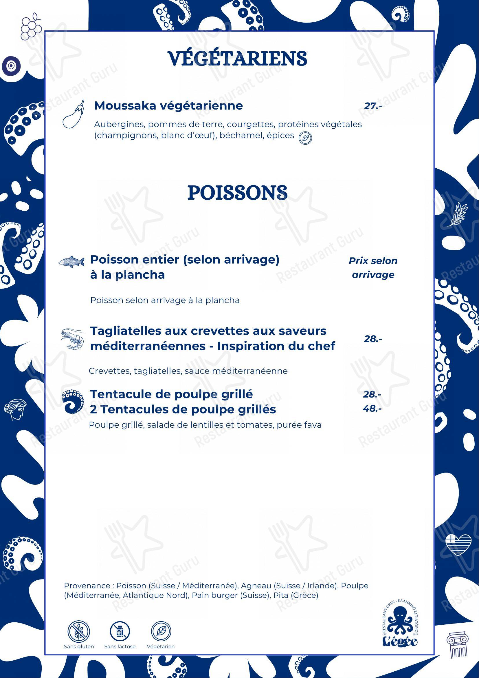 Menu pour L'Égée - Menu