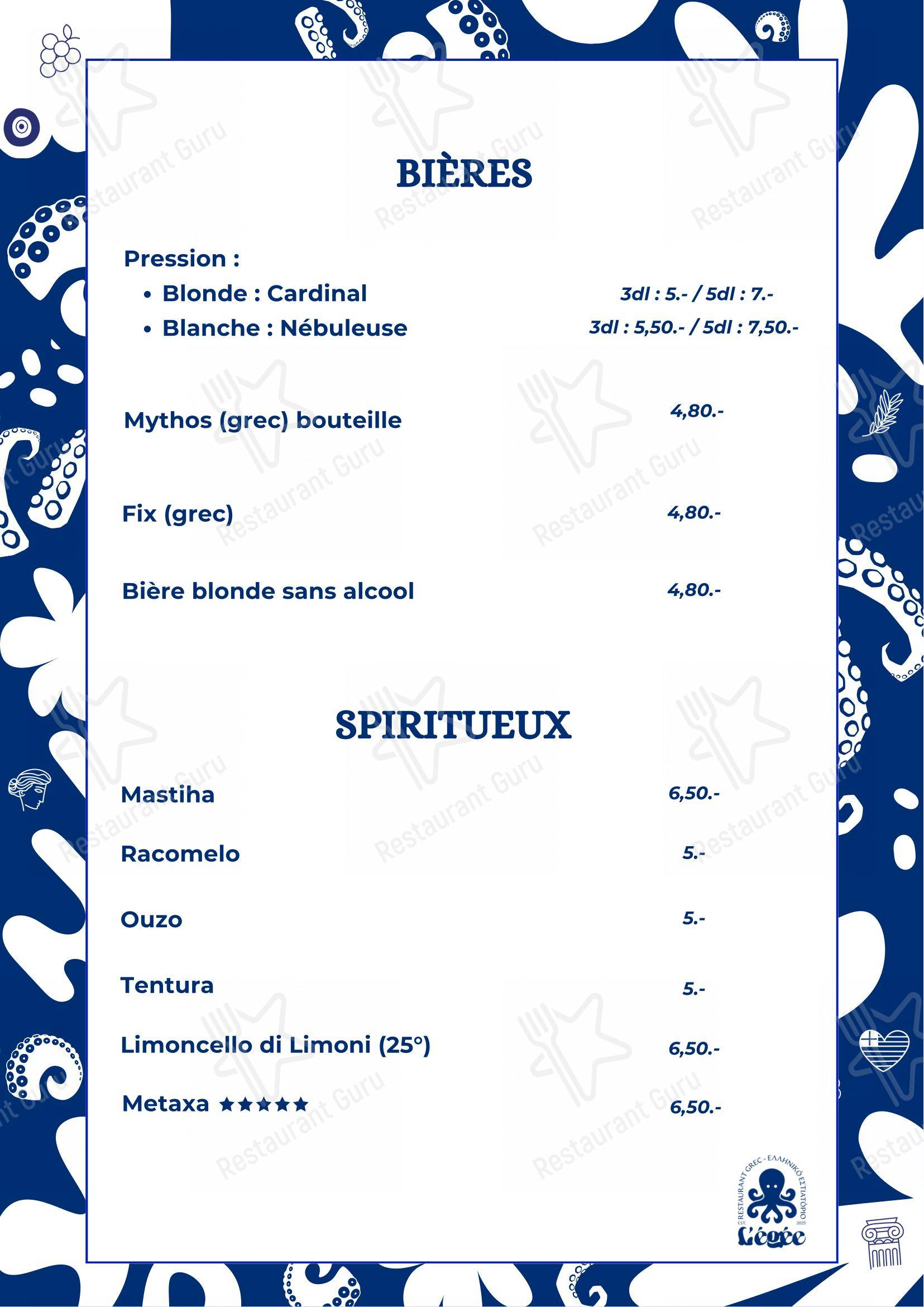 Menu pour L'Égée restaurant