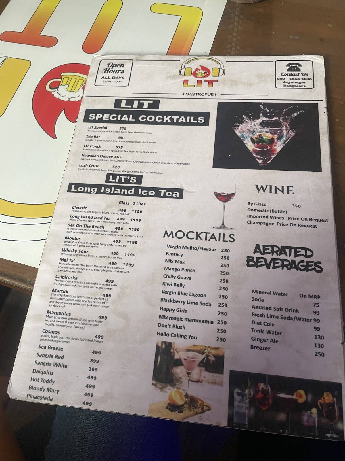 LIT Gastropub Bangalore menu