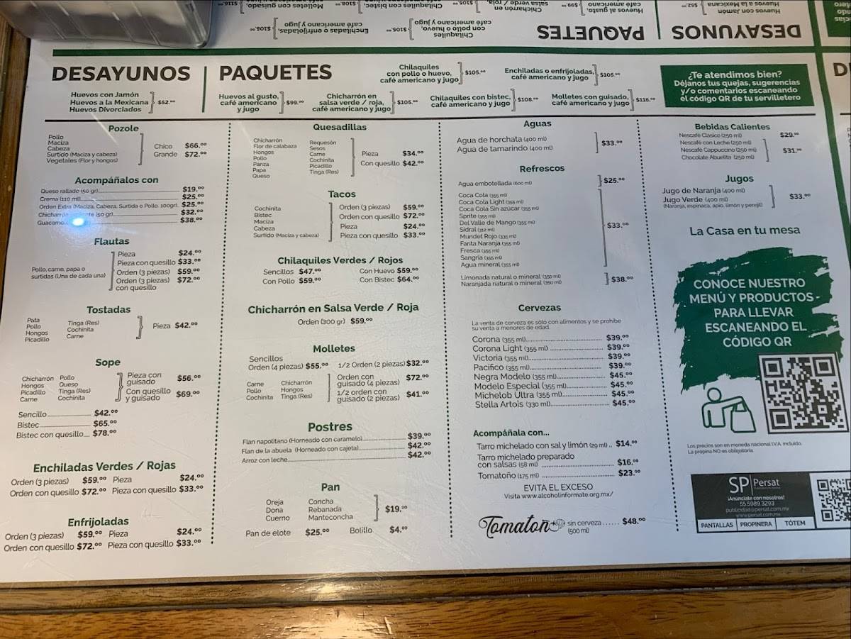 Carta del restaurante La Casa del Toño en Zona Rosa, Ciudad López