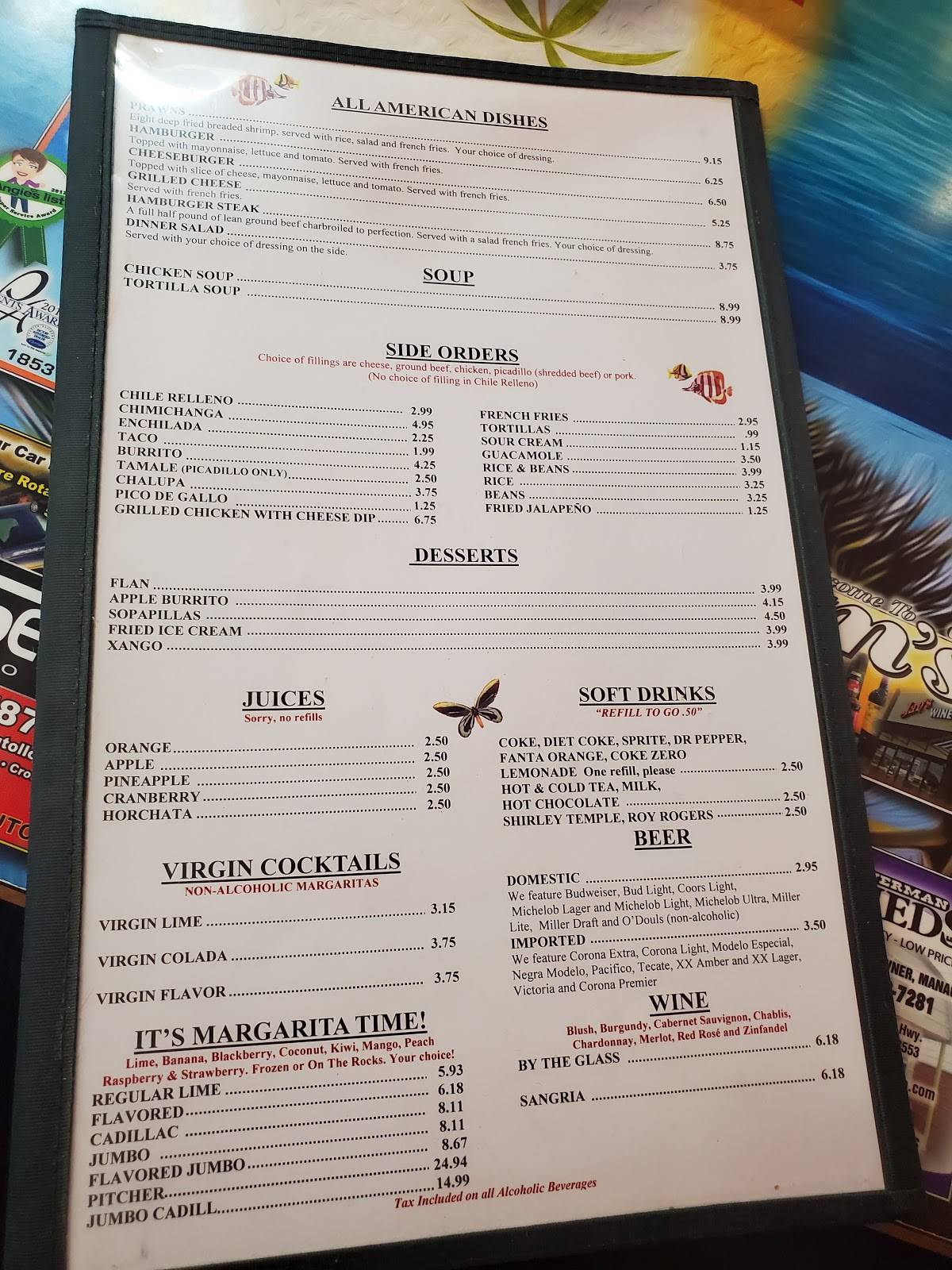 Menu at La Costa Mexican restaurant, Crossville