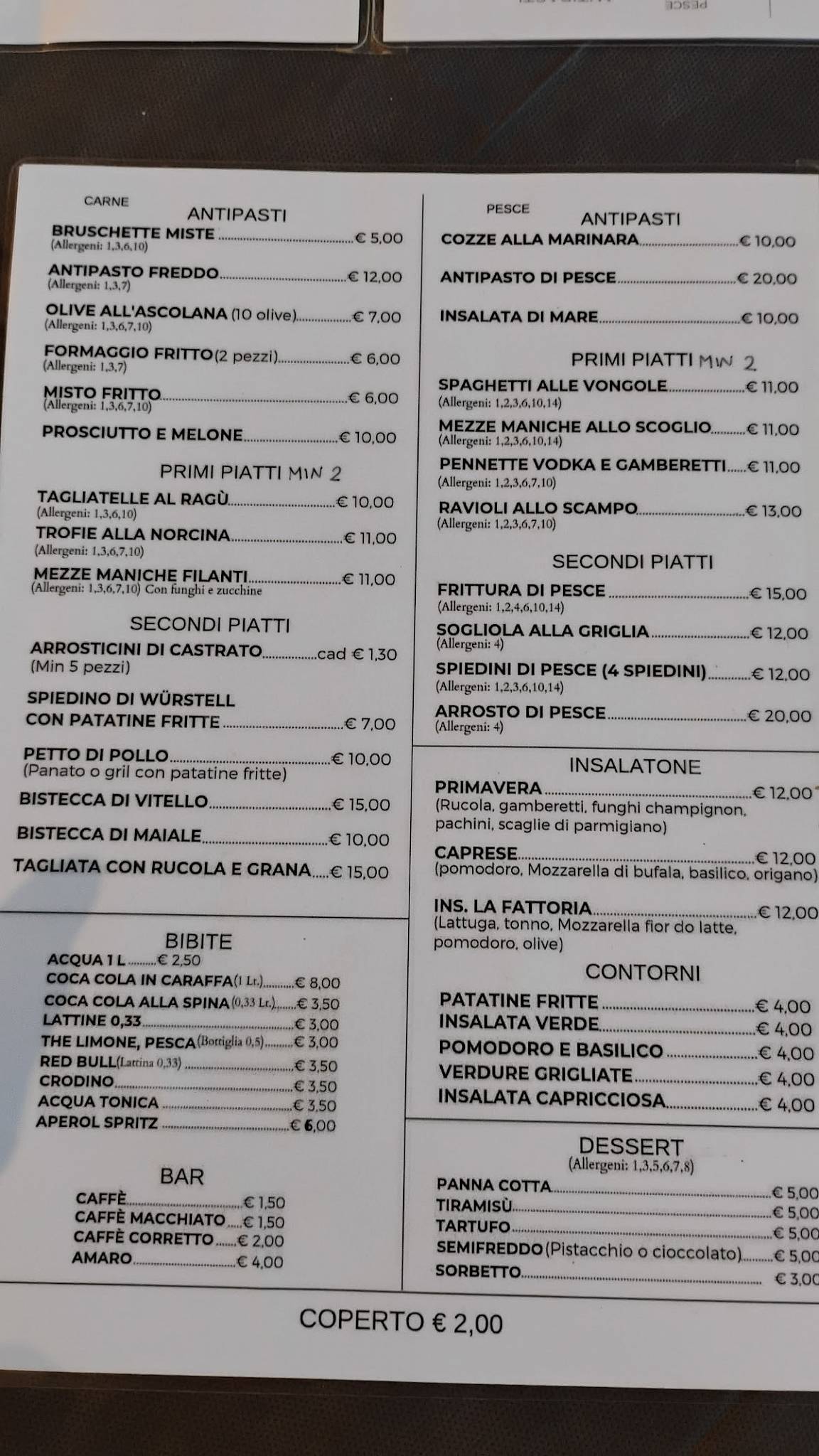 Menu di La Fattoria 
