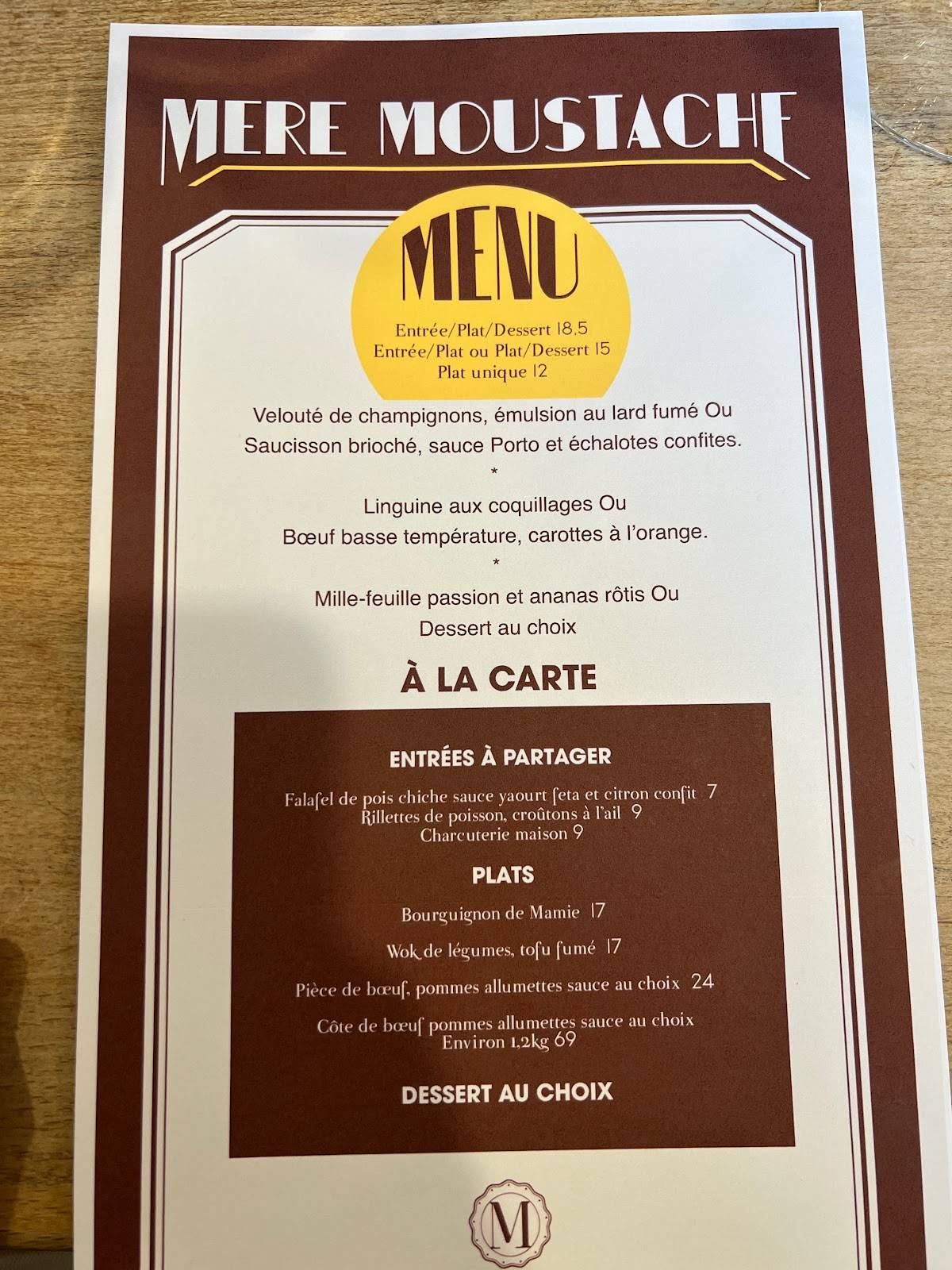 Menu au La Mère Moustache restaurant, ClermontFerrand