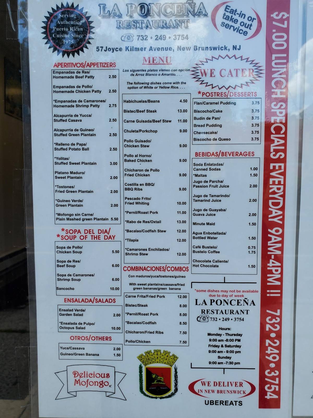 Menu at La Ponceña restaurant, New Brunswick