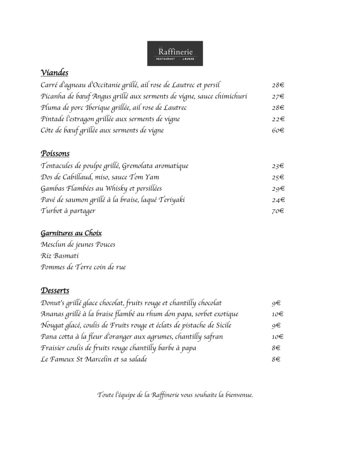 Menu de La Raffinerie