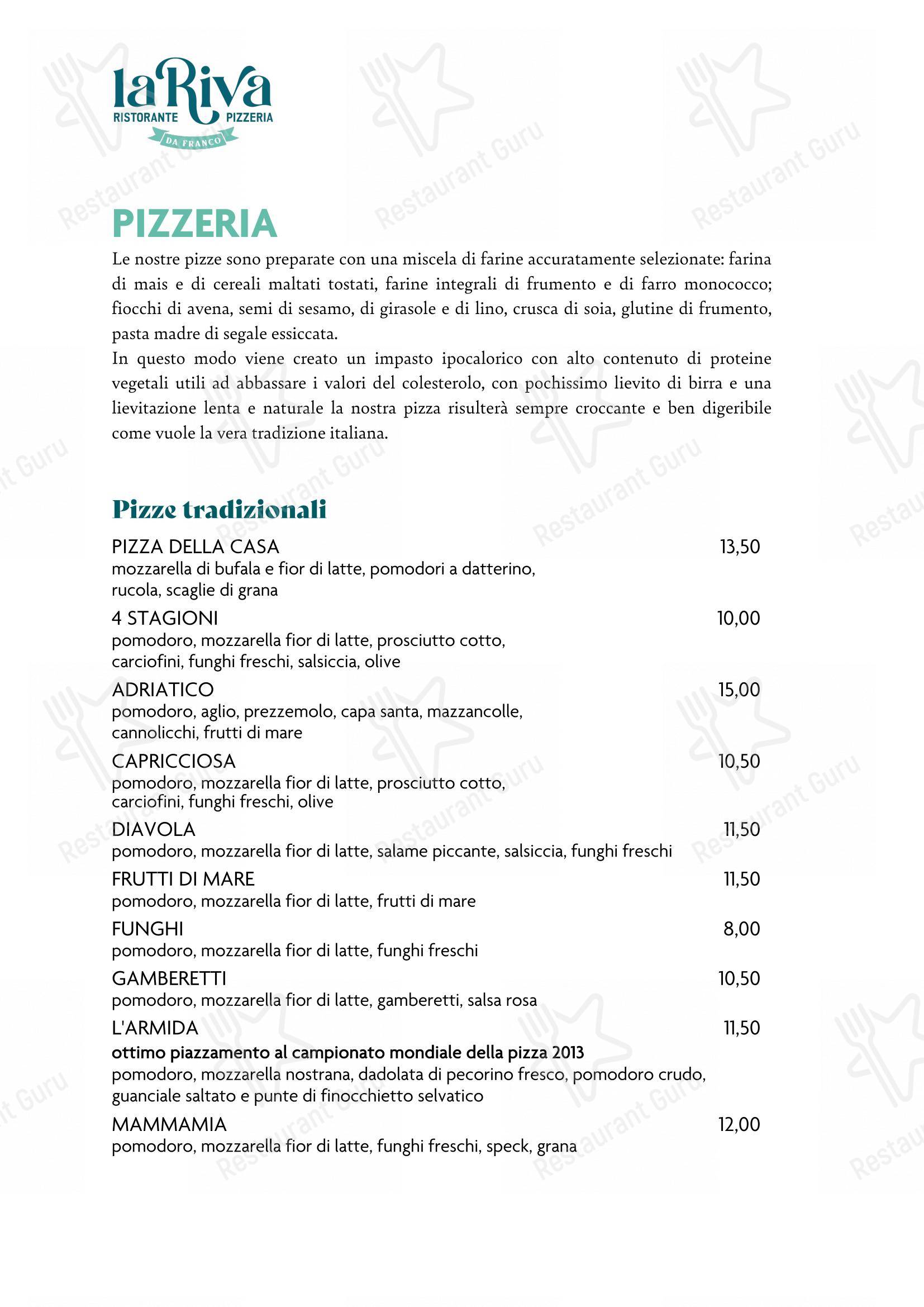 Menu bar per La Riva da Franco pizzeria