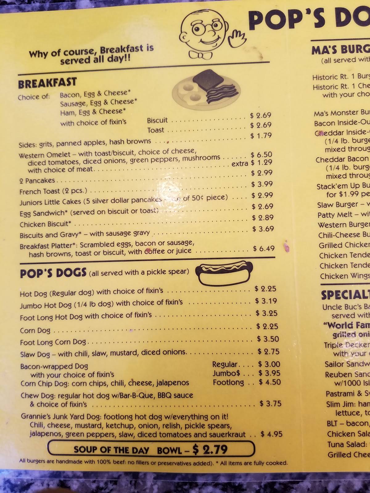 Menu at Pop's Dogs & Ma's Burgers restaurant, Richmond