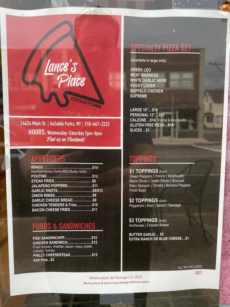Menu at Lance’s Place restaurant, Au Sable Forks, Main St