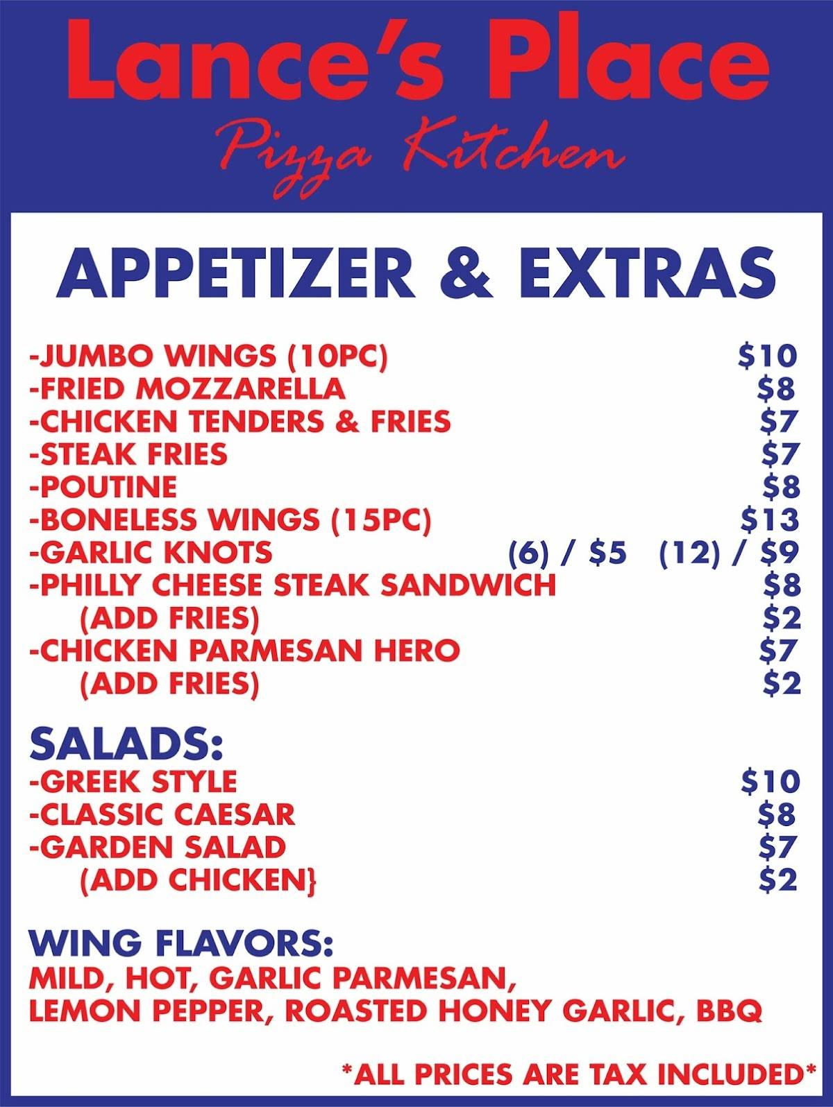 Menu at Lance’s Place restaurant, Au Sable Forks, Main St