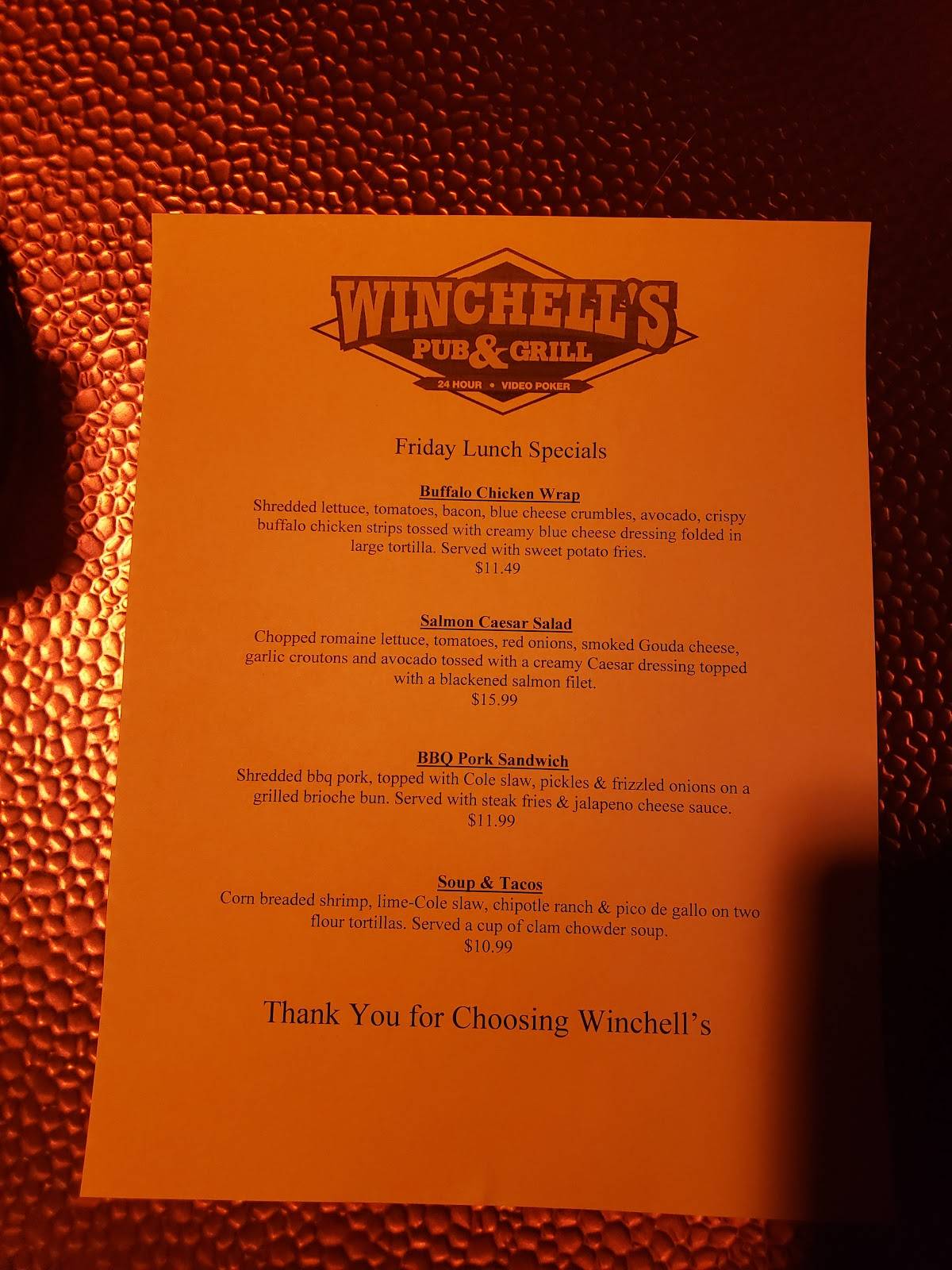Menu at Winchell's Pub & Grill, Las Vegas, 199 E Warm Springs Rd