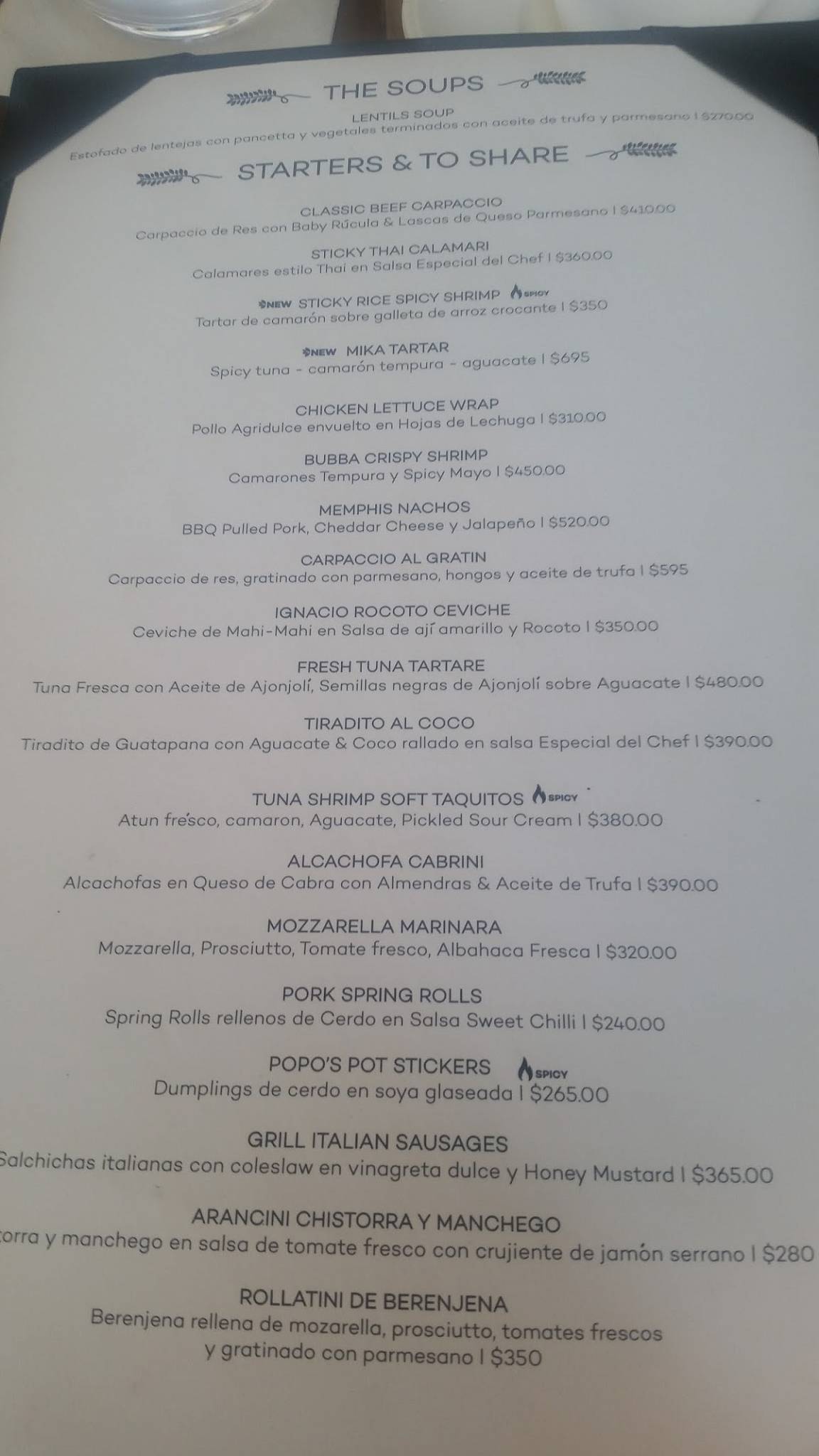 Carta del restaurante Laurel, Santo Domingo