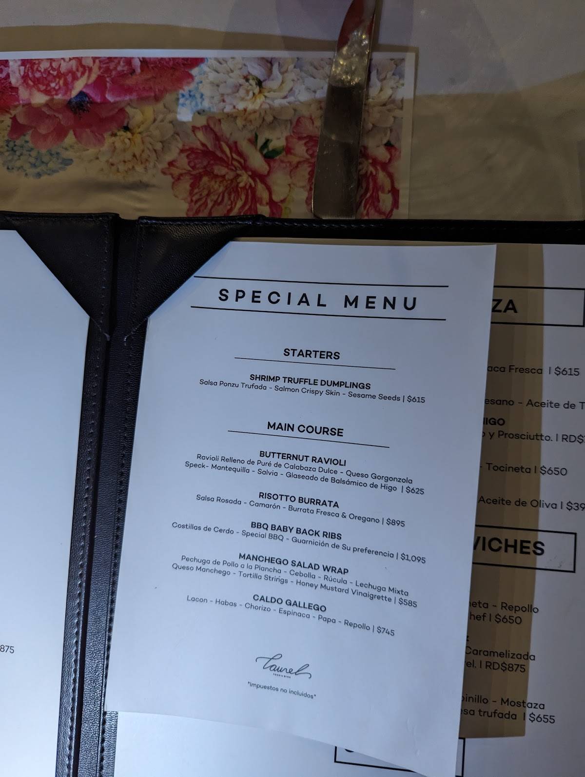 Carta del restaurante Laurel, Santo Domingo