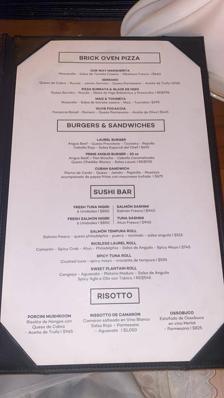 Carta del restaurante Laurel, Santo Domingo