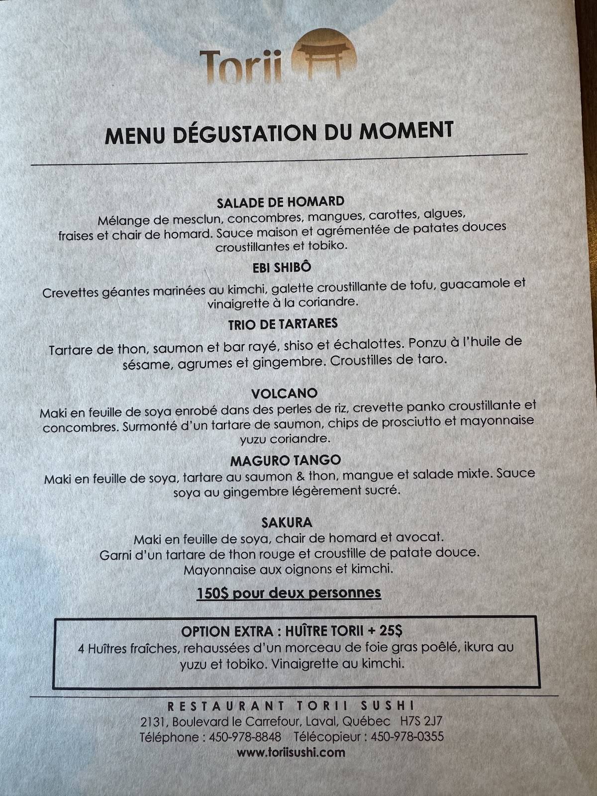 Menu de Restaurant Torii Sushi