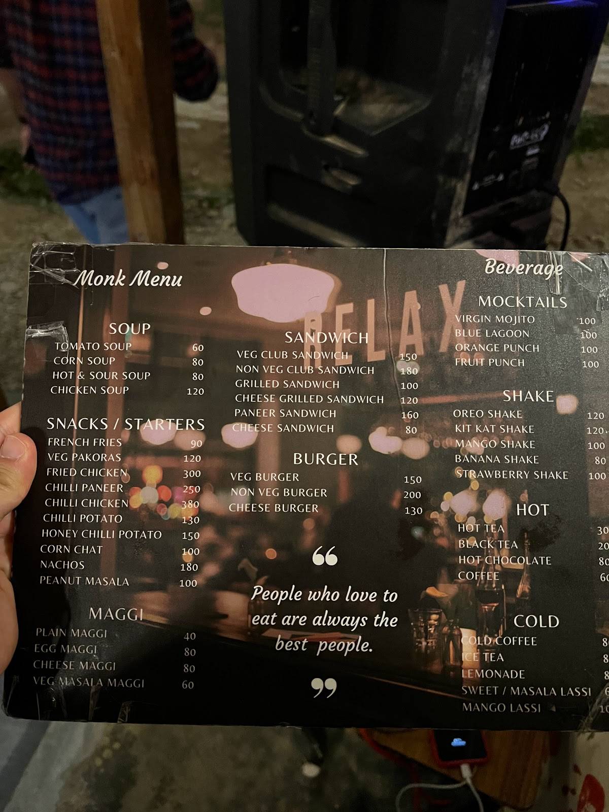 Lazy Monk Travel Cafe menu