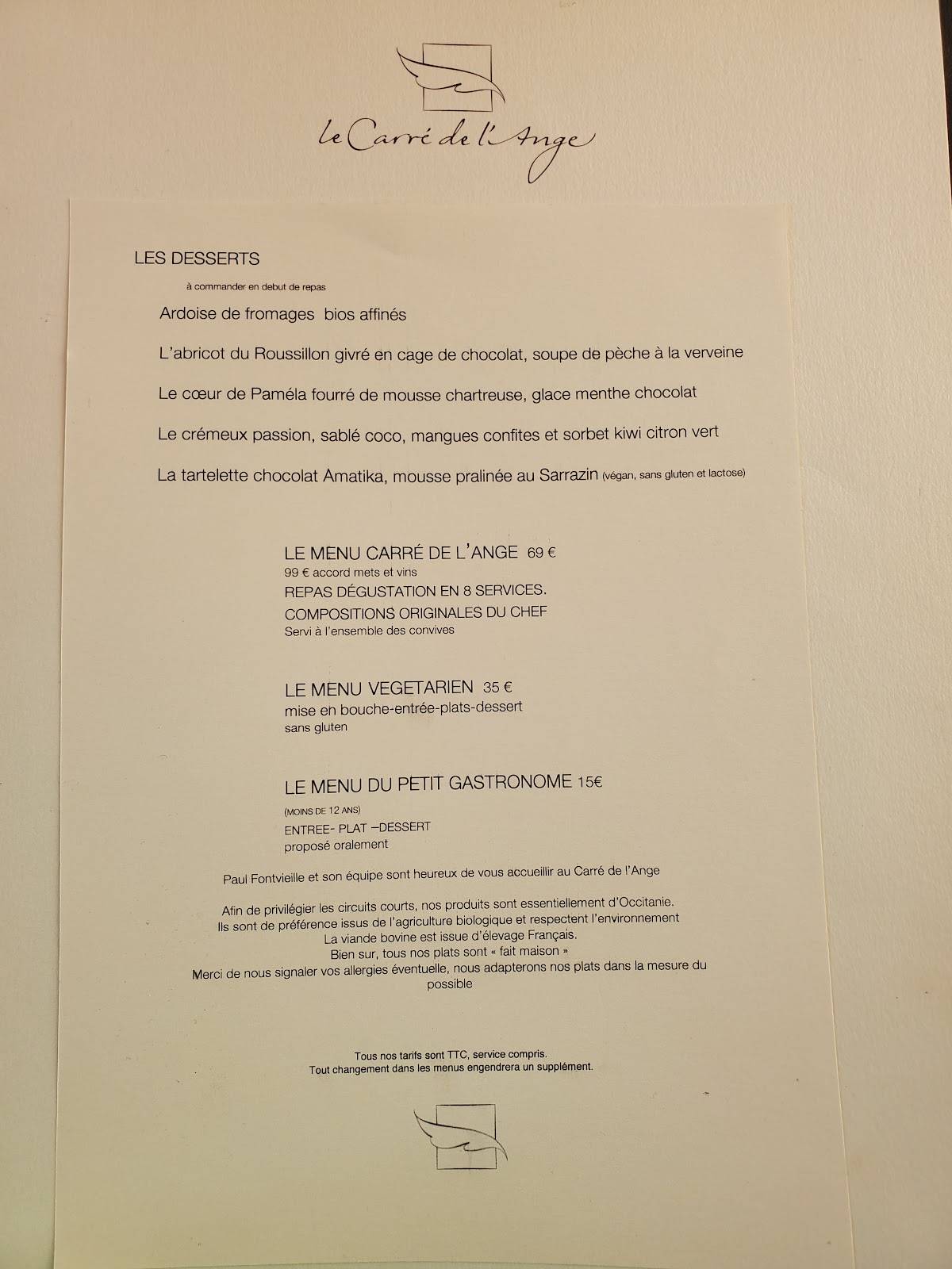 Menu au Le Carré de l'Ange restaurant, Saint-Lizier