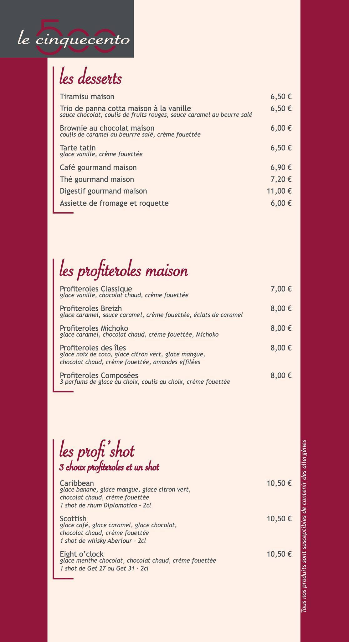 Menu de Le Cinquecento