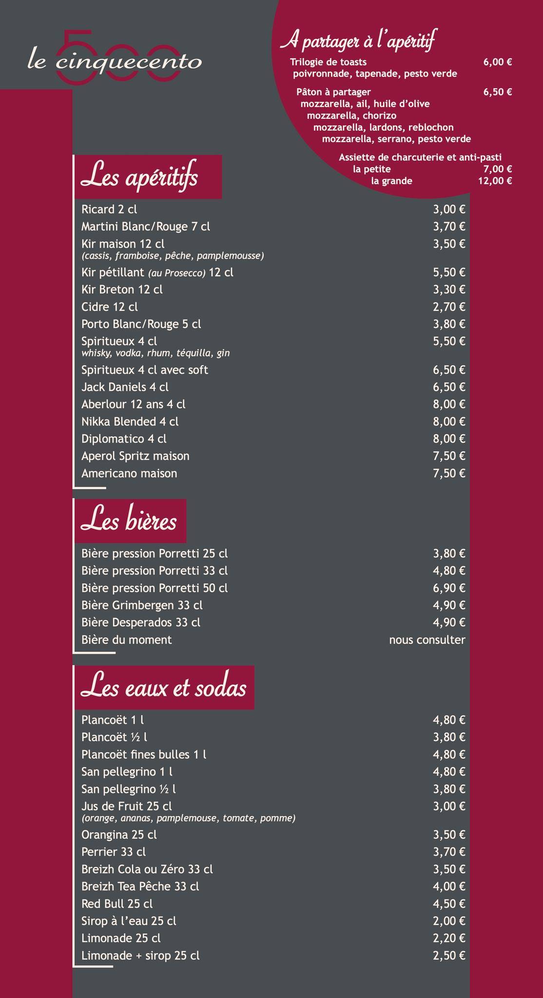 Menu de Le Cinquecento