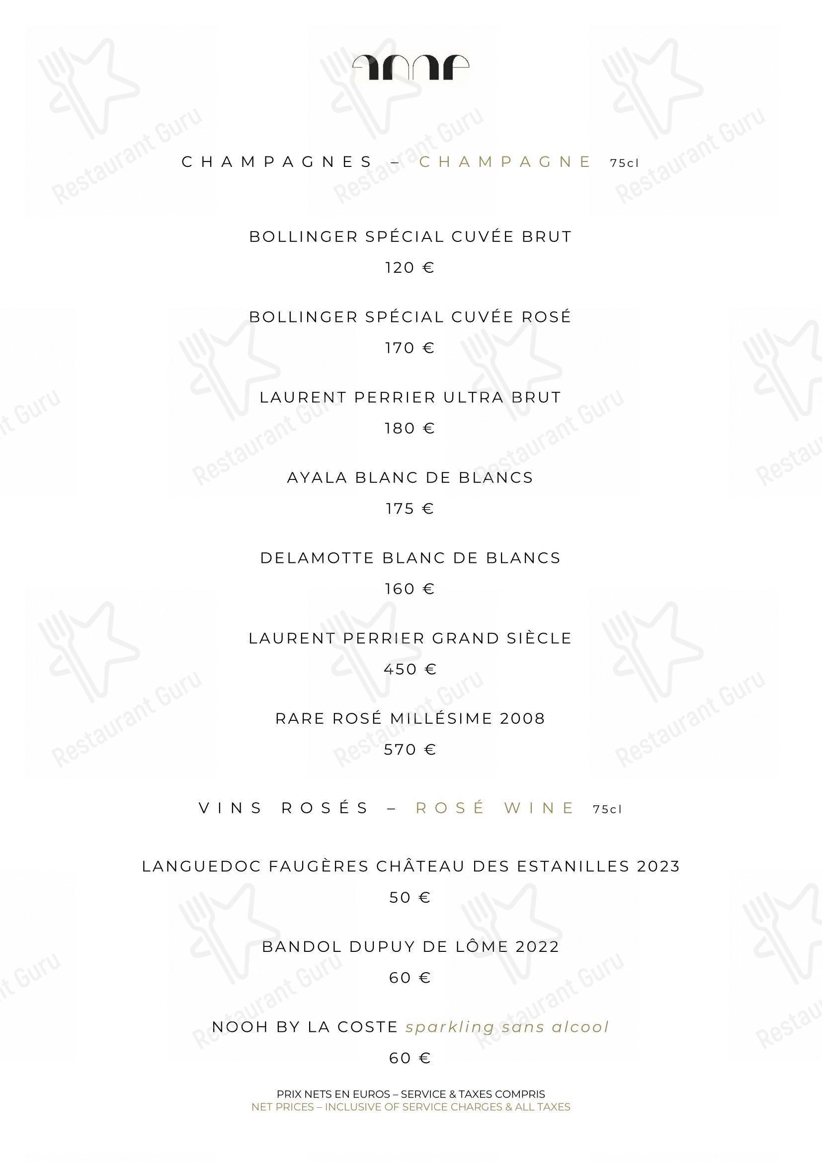 Dinner Menu pour Le Pavillon de la Reine dans Paris