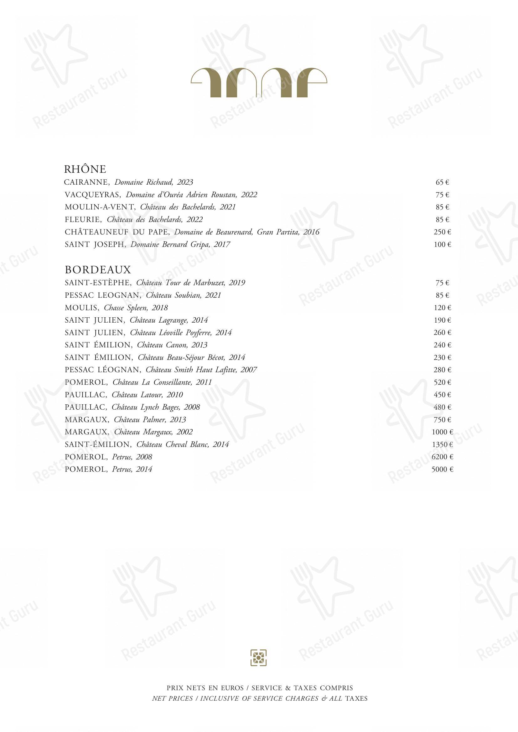 Menu pour Le Pavillon de la Reine - Dinner Menu