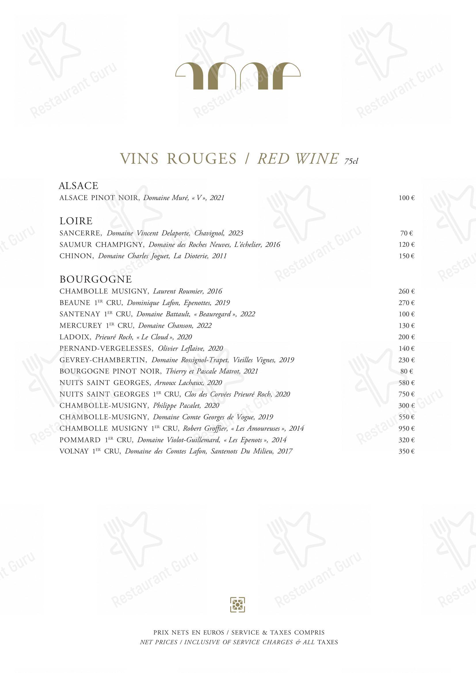 Dinner Menu pour Le Pavillon de la Reine dans Paris