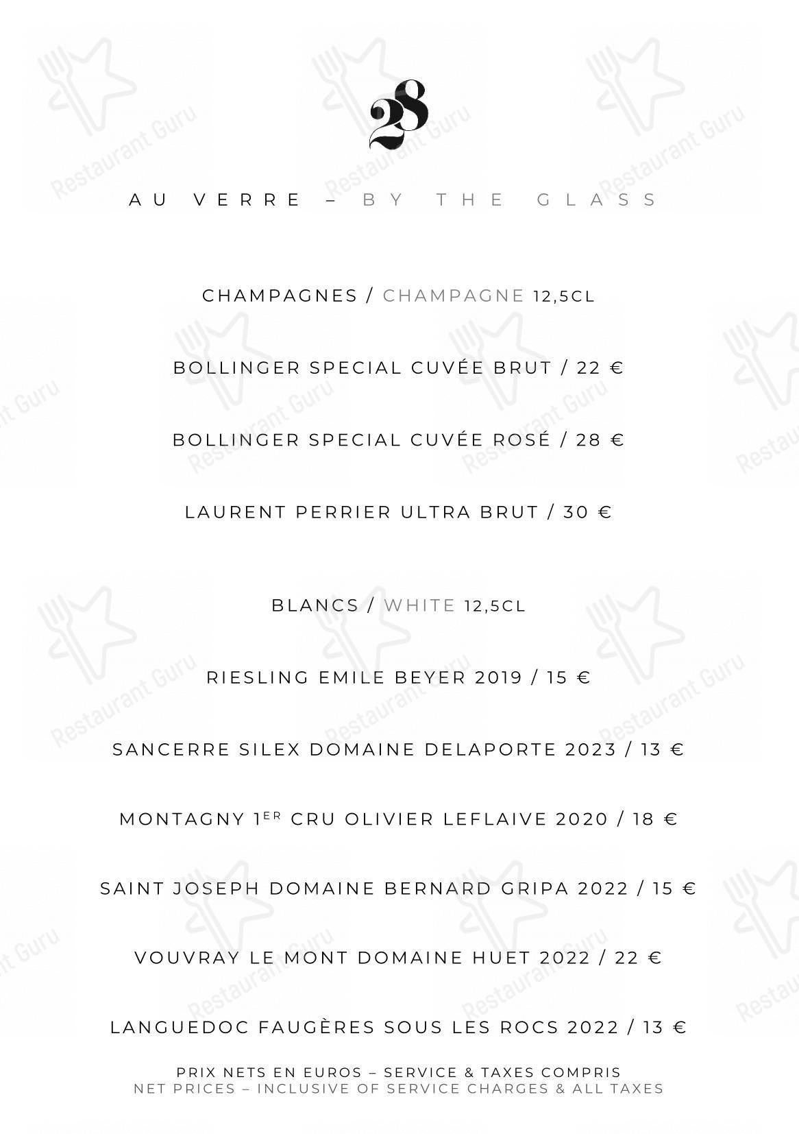 Menu pour Le Pavillon de la Reine restaurant