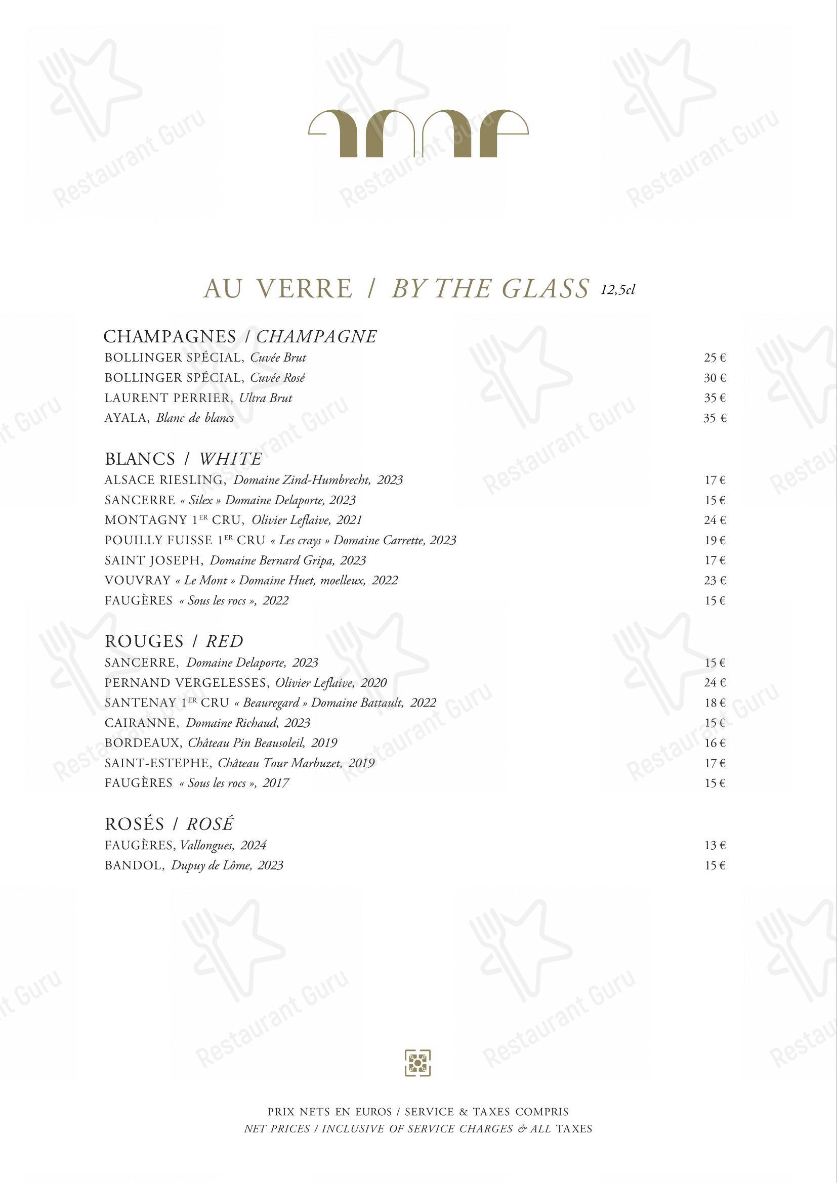 Dinner Menu pour Le Pavillon de la Reine restaurant