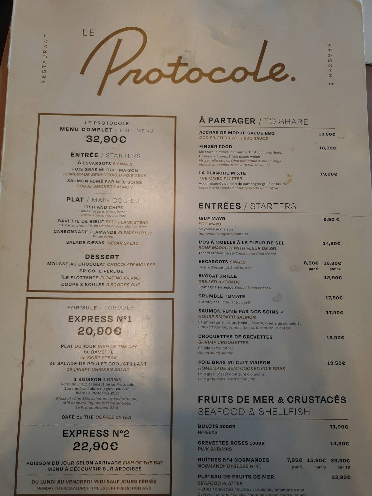 Menu de Le Protocole Restaurant Dunkerque