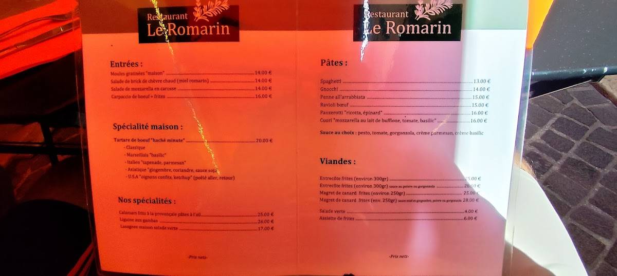 Menu de Le Romarin