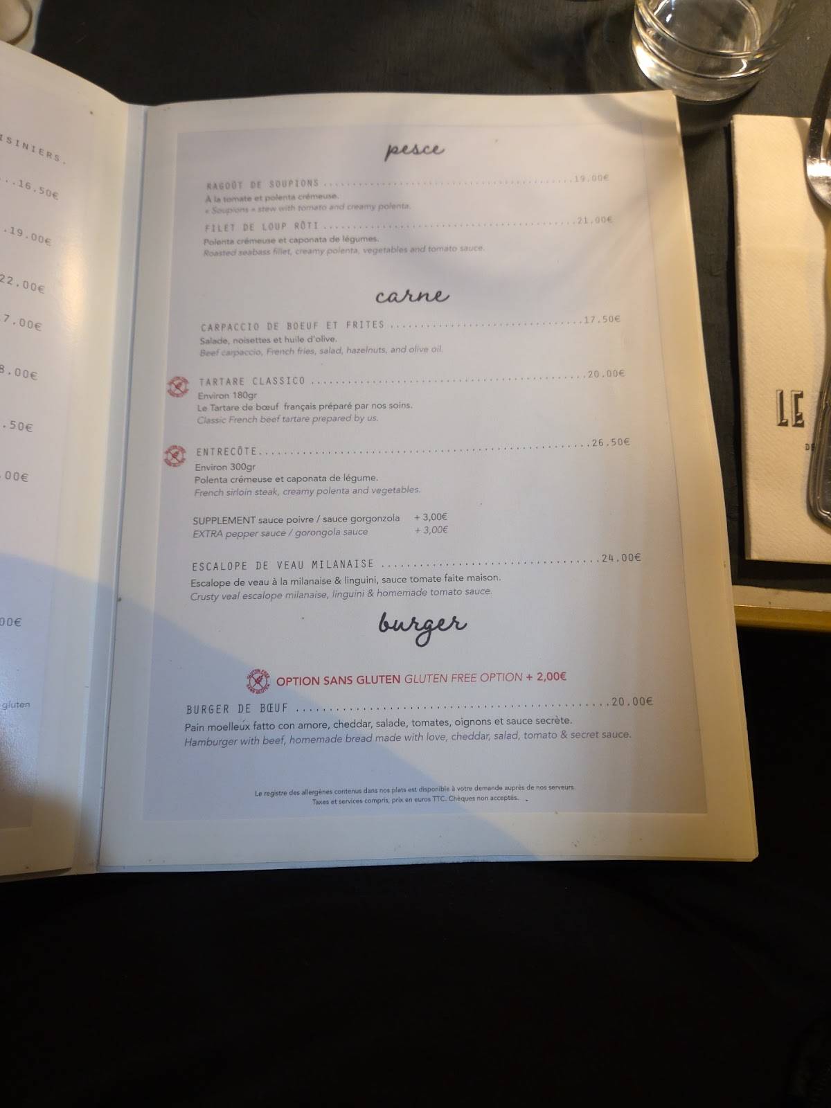 Menu de Le Virginie, Nice Riquier