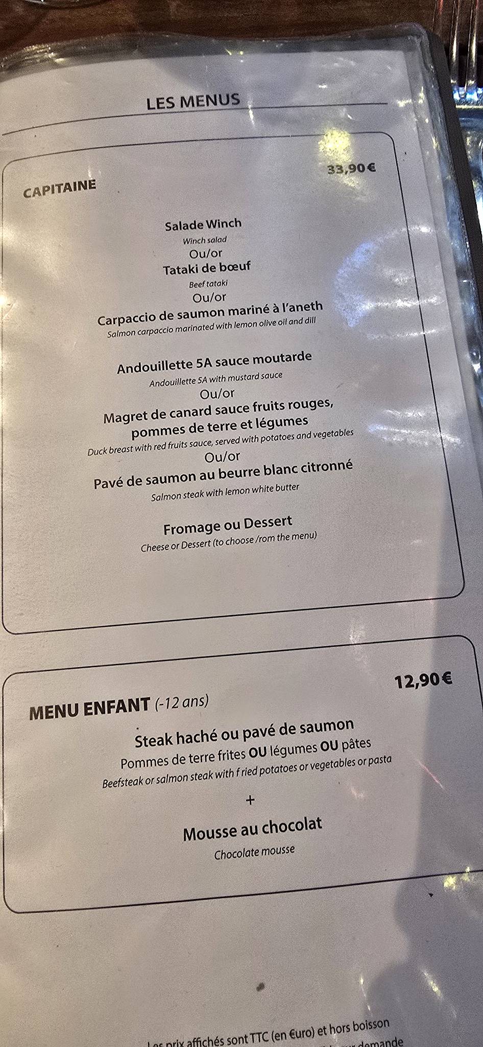 Menu de Le Winch