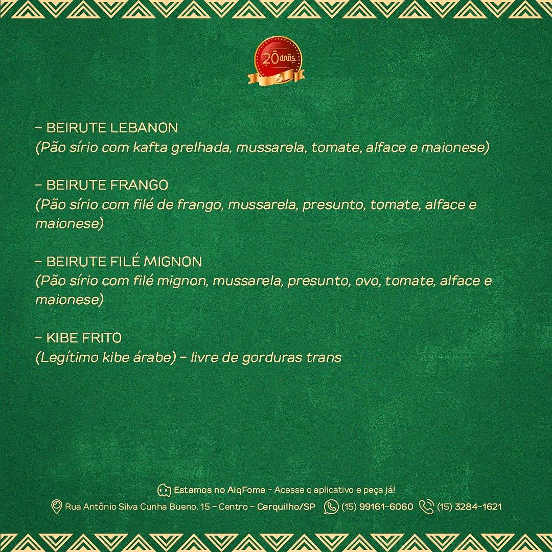Lebanon Cozinha Árabe cardápio