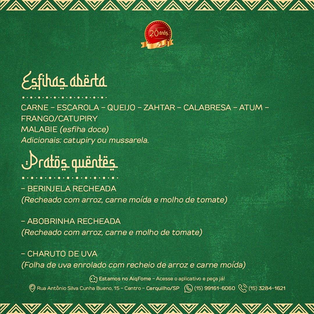 Lebanon Cozinha Árabe cardápio