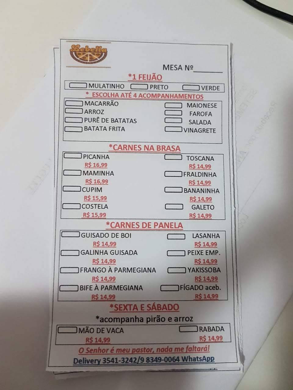 Lebella Pizzaria Delivery cardápio